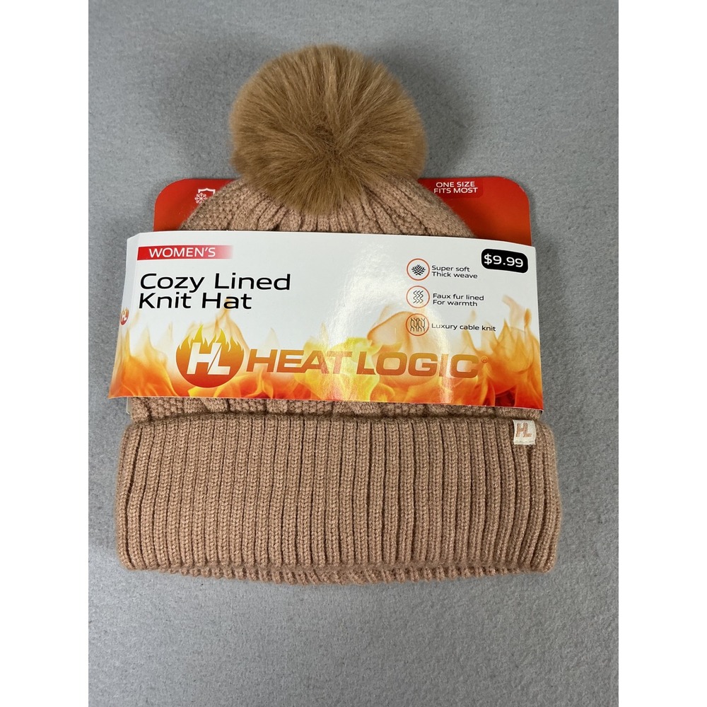 HeatLogic Women's Cozy Lined Cable Knit Pom Beanie Hat Faux Fur Tan One Size New
